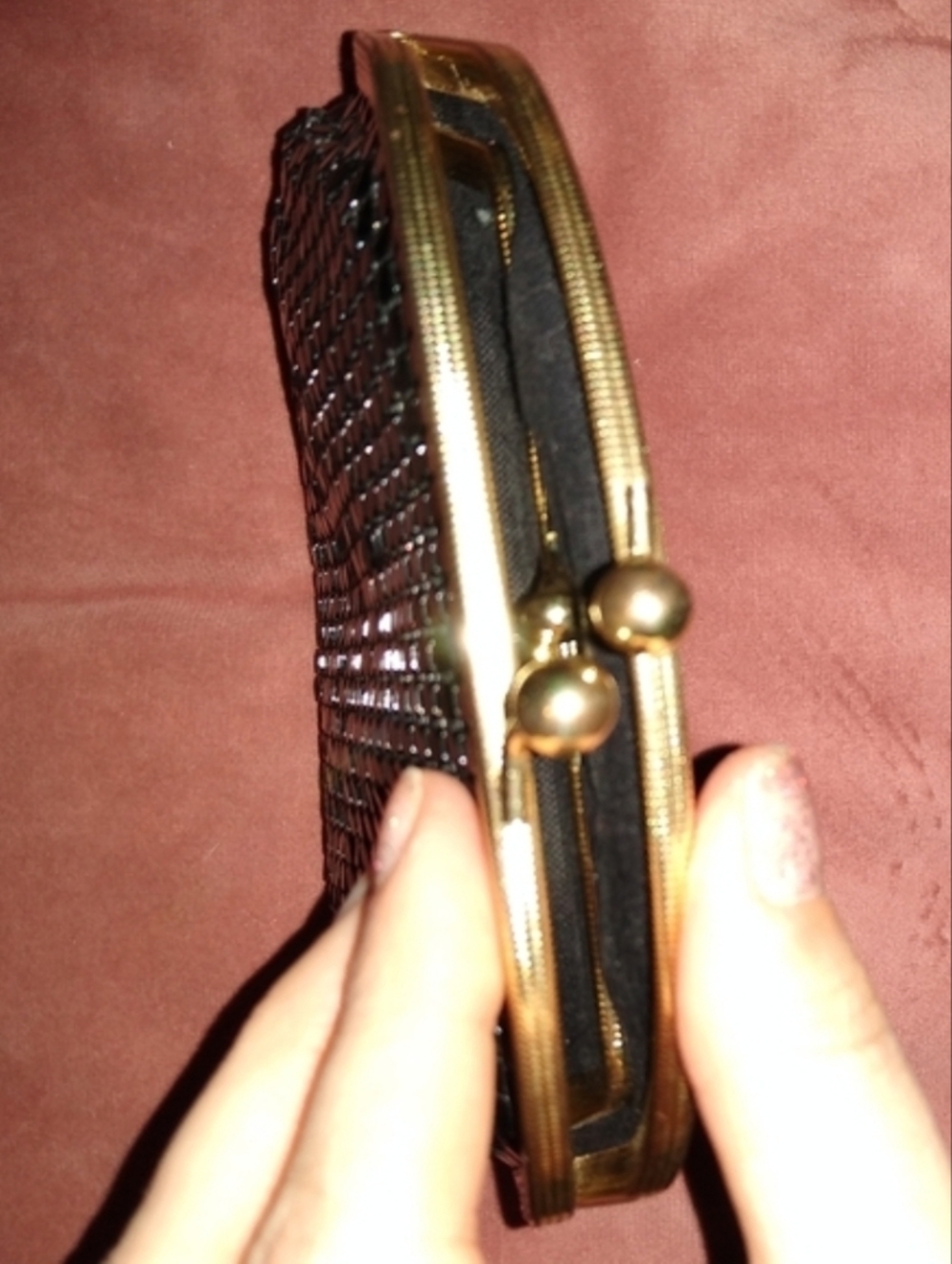 Vintage Black Enamel Metal Mesh Clutch Little Purse Snap Close Small Hinged Bag - Picture 4 of 12